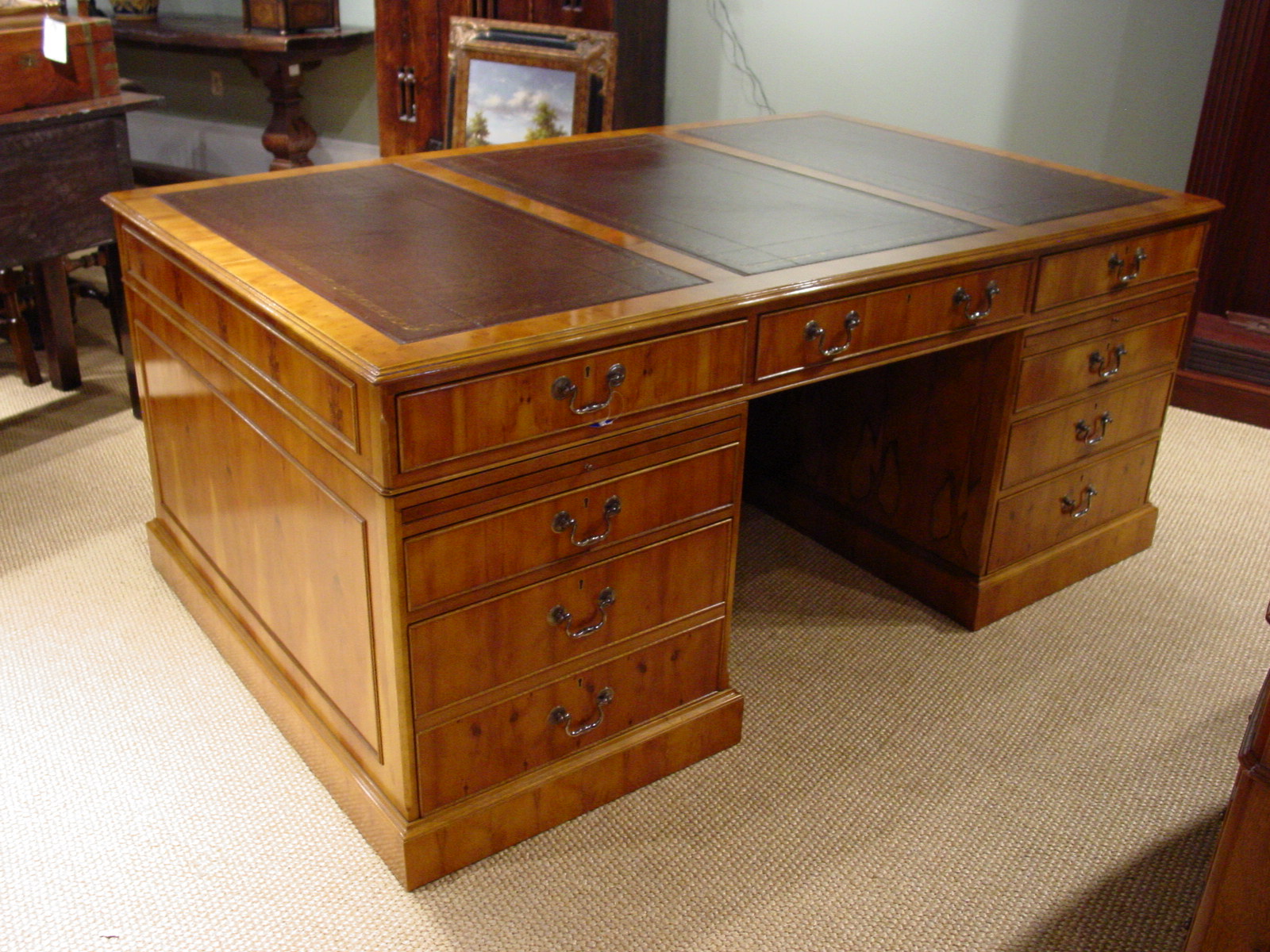 Yew Wood Pedestal Desk Leather Top